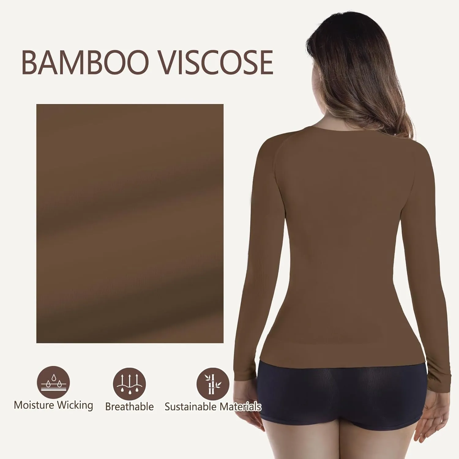  MD Womens Long Sleeve Undershirts Tops, Bamboo Round Neck Slim Fit Baselayer, Soft Thermal Underwear, Light Compression