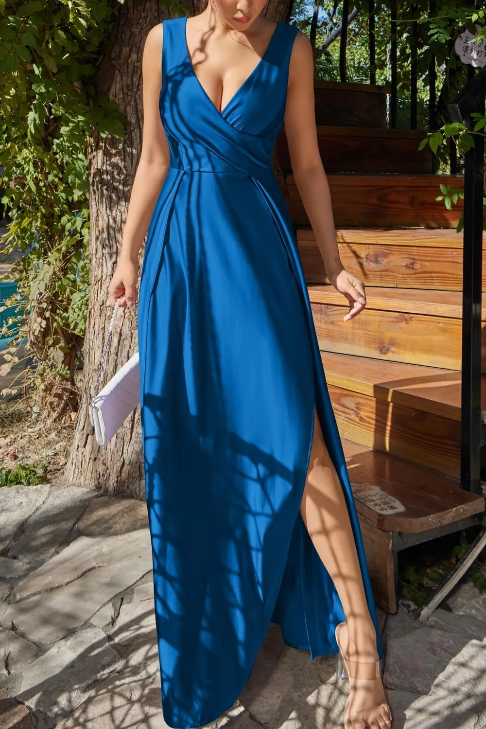 Memoriesea Women's Sexy V Neck Sleeveless High Split Evening Cocktail Maxi Dress