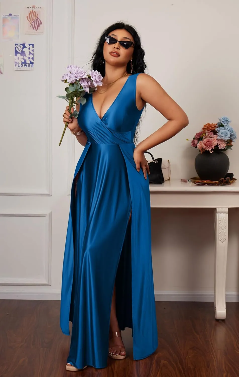 Memoriesea Women's Sexy V Neck Sleeveless High Split Evening Cocktail Maxi Dress