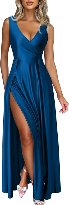 Memoriesea Women's Sexy V Neck Sleeveless High Split Evening Cocktail Maxi Dress