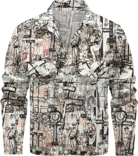 Mens Denim Jacket Long Sleeve Western Cowboy Cut Classic Floral Print Button Down Jean Jacket