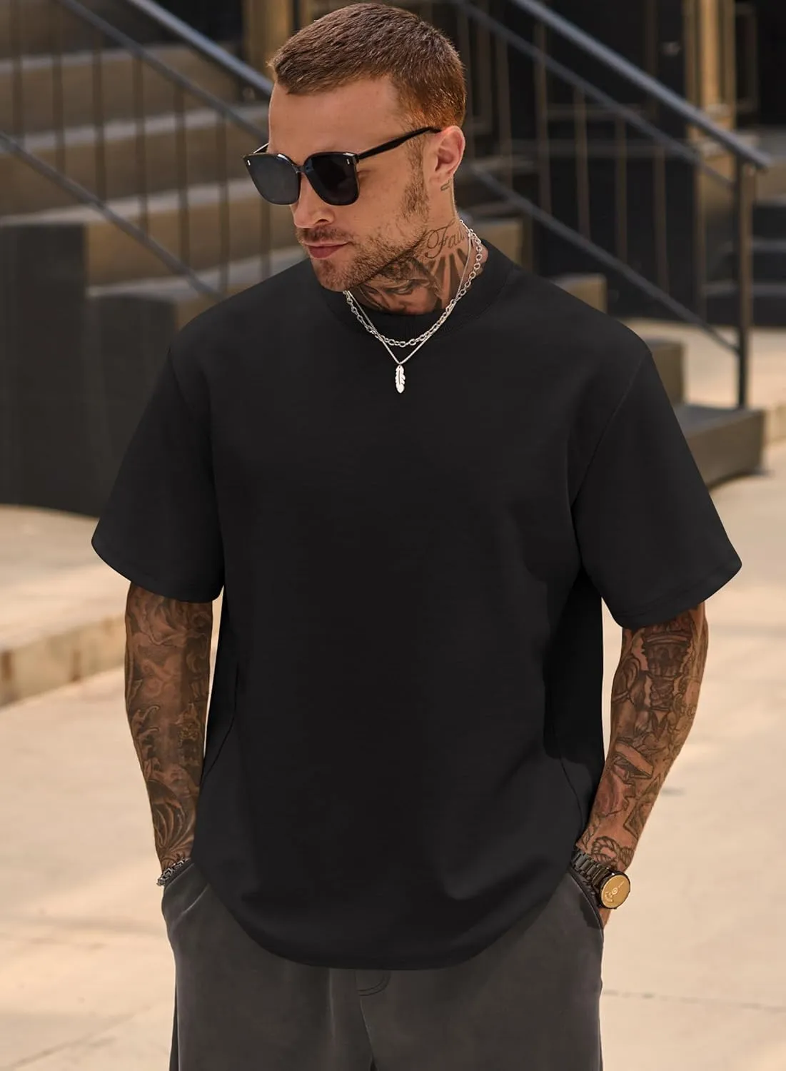 Mens Oversized T-Shirts Heavyweight Cotton Crew Neck Stretch Fashion Summer Thick Tee Tops (S-XXL)