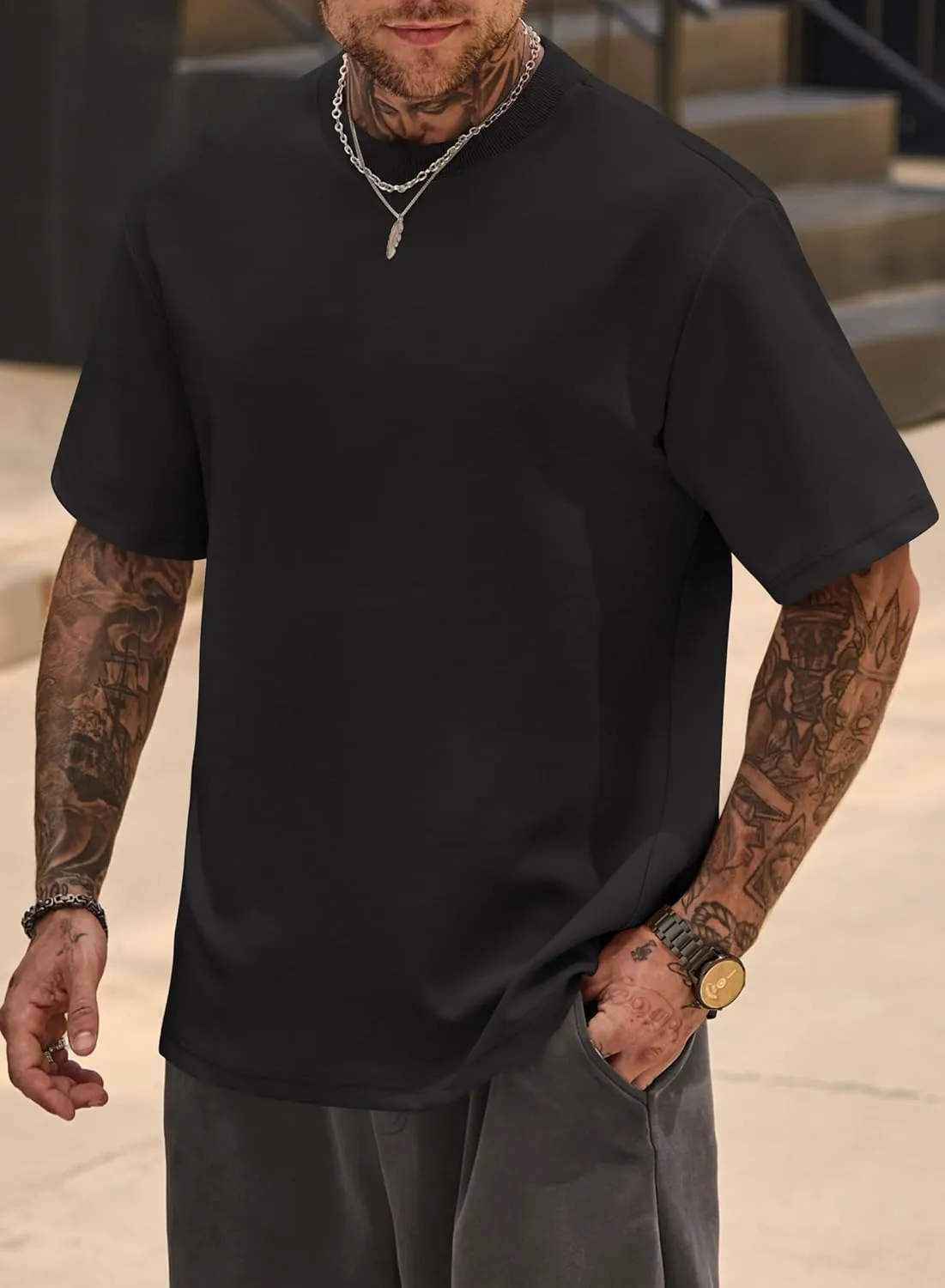 Mens Oversized T-Shirts Heavyweight Cotton Crew Neck Stretch Fashion Summer Thick Tee Tops (S-XXL)