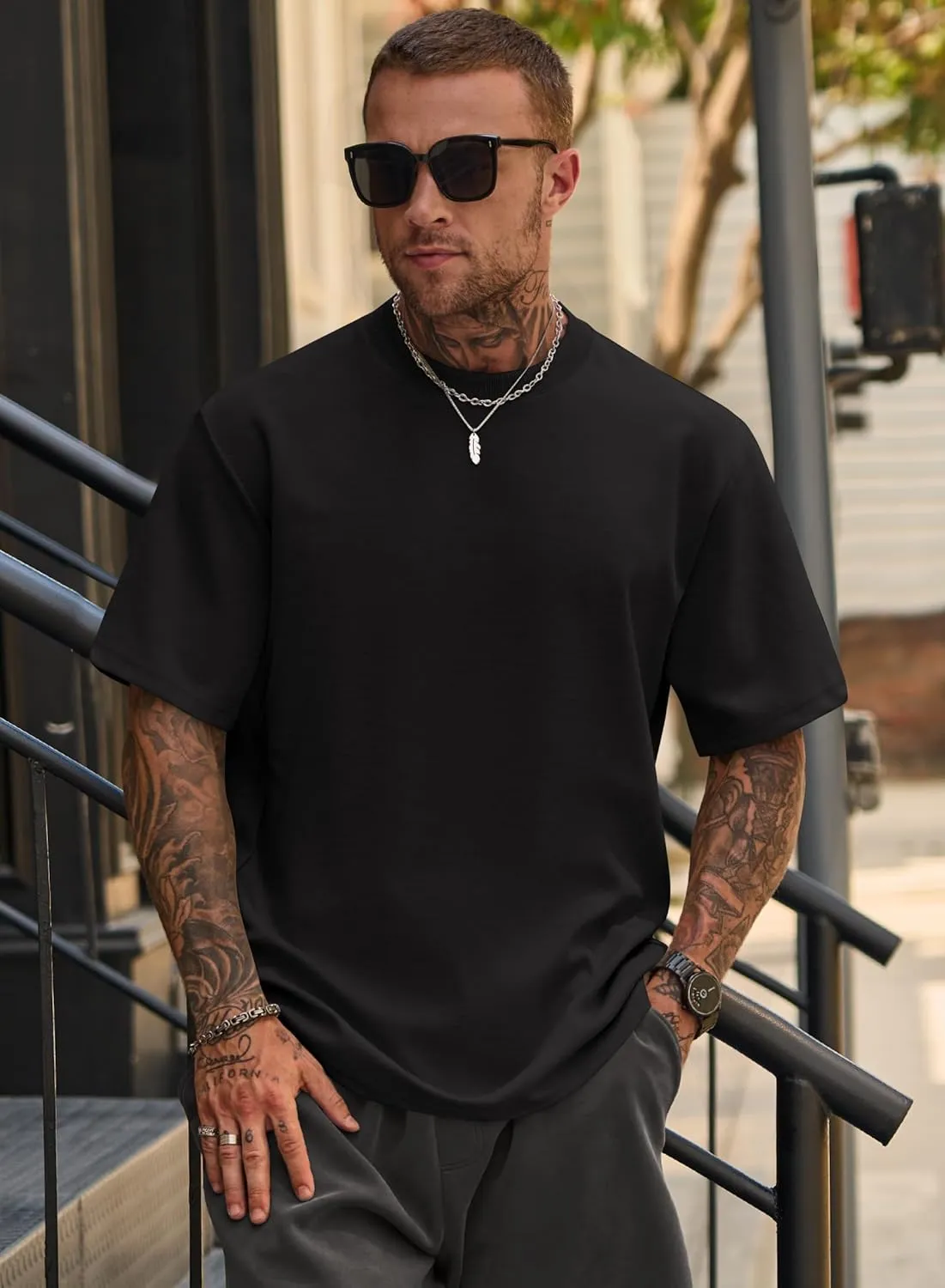 Mens Oversized T-Shirts Heavyweight Cotton Crew Neck Stretch Fashion Summer Thick Tee Tops (S-XXL)