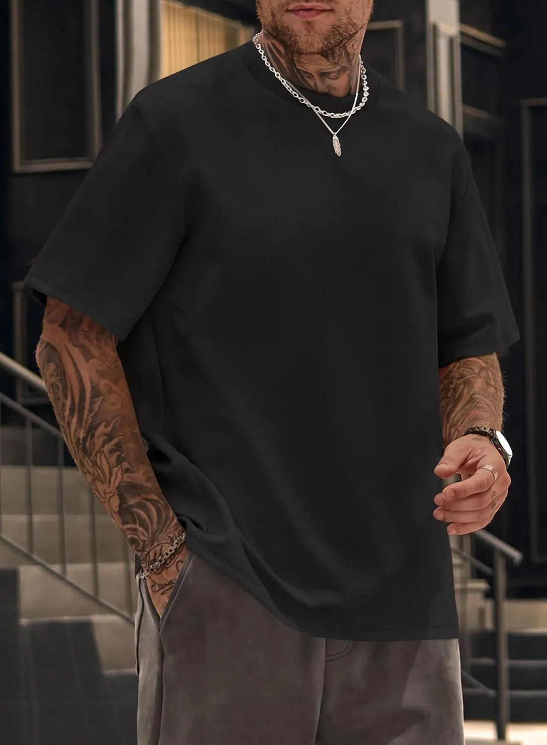Mens Oversized T-Shirts Heavyweight Cotton Crew Neck Stretch Fashion Summer Thick Tee Tops (S-XXL)
