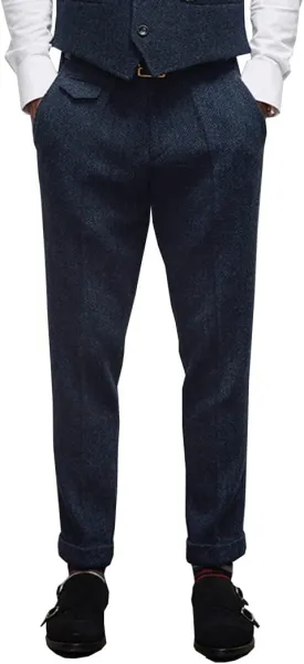 Mens Pants Herringbone Vintage Dress Pant Hemmed Pleated Suit Pants