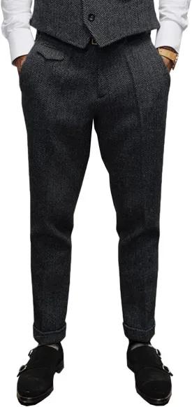 Mens Pants Herringbone Vintage Dress Pant Hemmed Pleated Suit Pants
