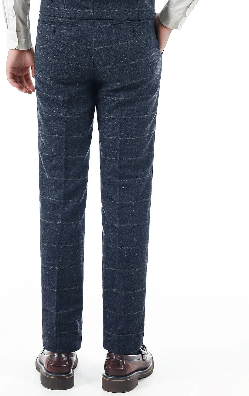 Men's Plaid Tweed Herringbone Suit Pants Casual Wool Vintage Dress Trousers