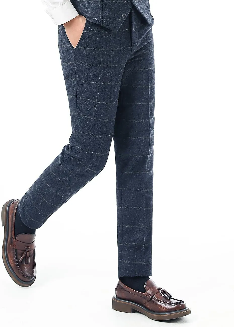 Men's Plaid Tweed Herringbone Suit Pants Casual Wool Vintage Dress Trousers