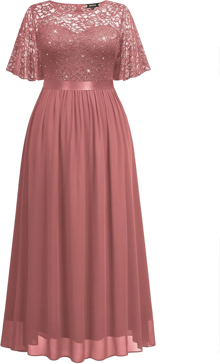 Miusol Women's Plus Size Sequin Lace Round Neck Butterfly Sleeves Formal Evening Maxi Dress