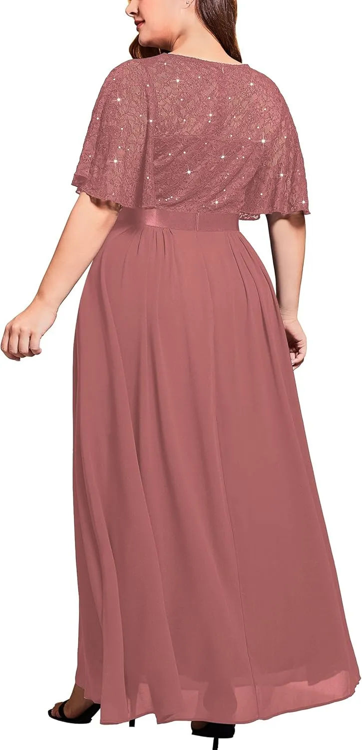 Miusol Women's Plus Size Sequin Lace Round Neck Butterfly Sleeves Formal Evening Maxi Dress