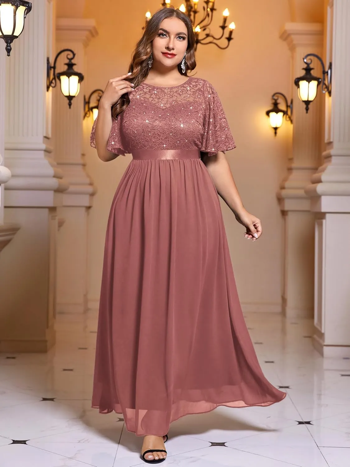 Miusol Women's Plus Size Sequin Lace Round Neck Butterfly Sleeves Formal Evening Maxi Dress