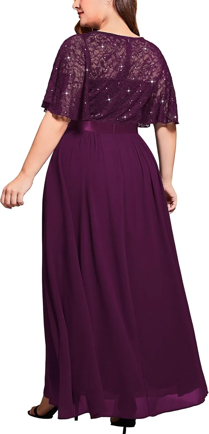 Miusol Women's Plus Size Sequin Lace Round Neck Butterfly Sleeves Formal Evening Maxi Dress