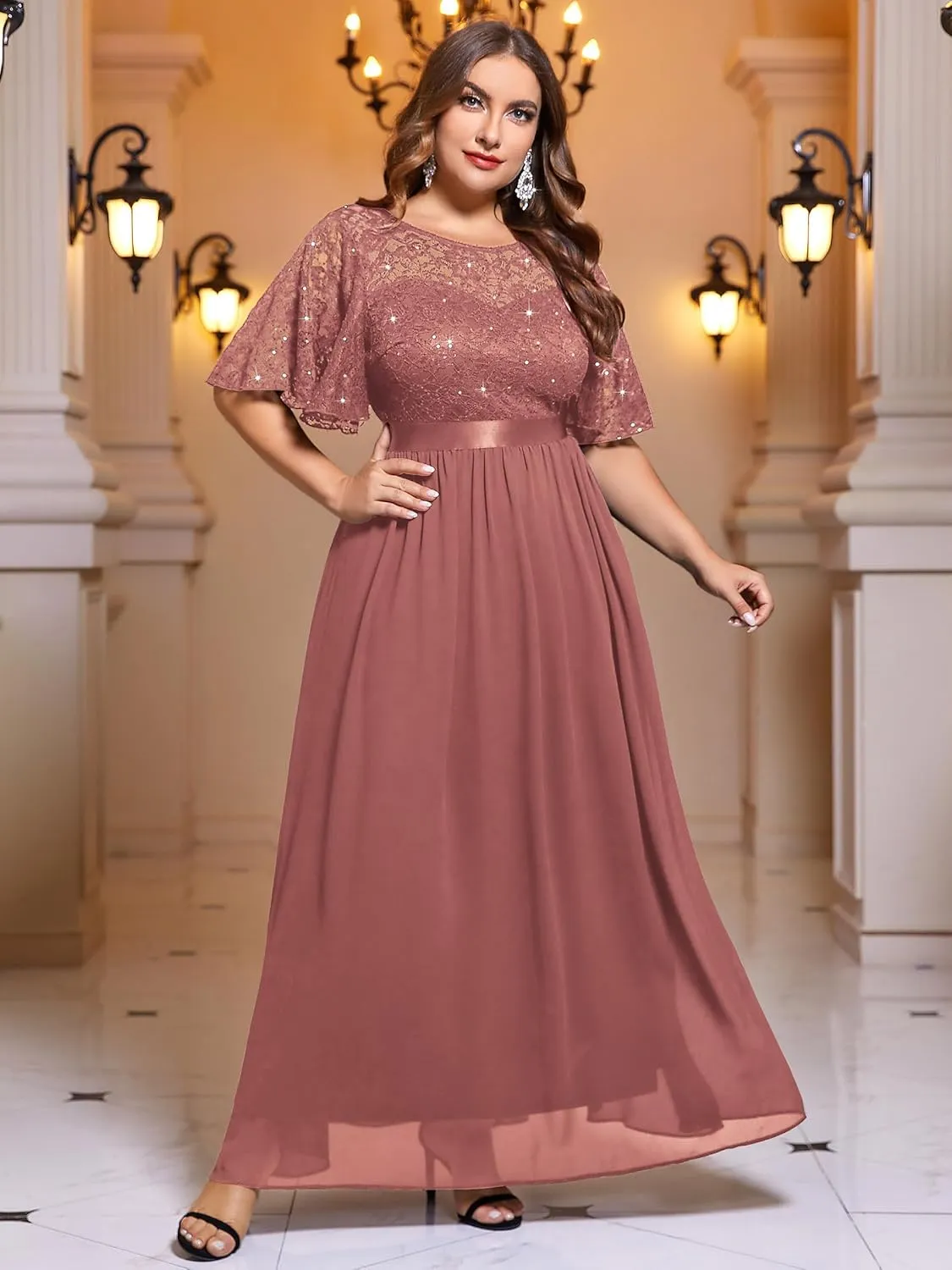 Miusol Women's Plus Size Sequin Lace Round Neck Butterfly Sleeves Formal Evening Maxi Dress