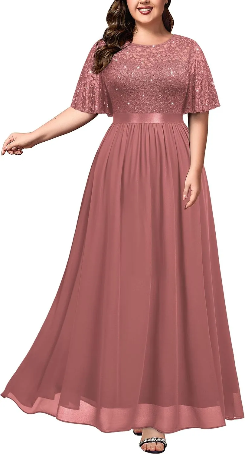 Miusol Women's Plus Size Sequin Lace Round Neck Butterfly Sleeves Formal Evening Maxi Dress