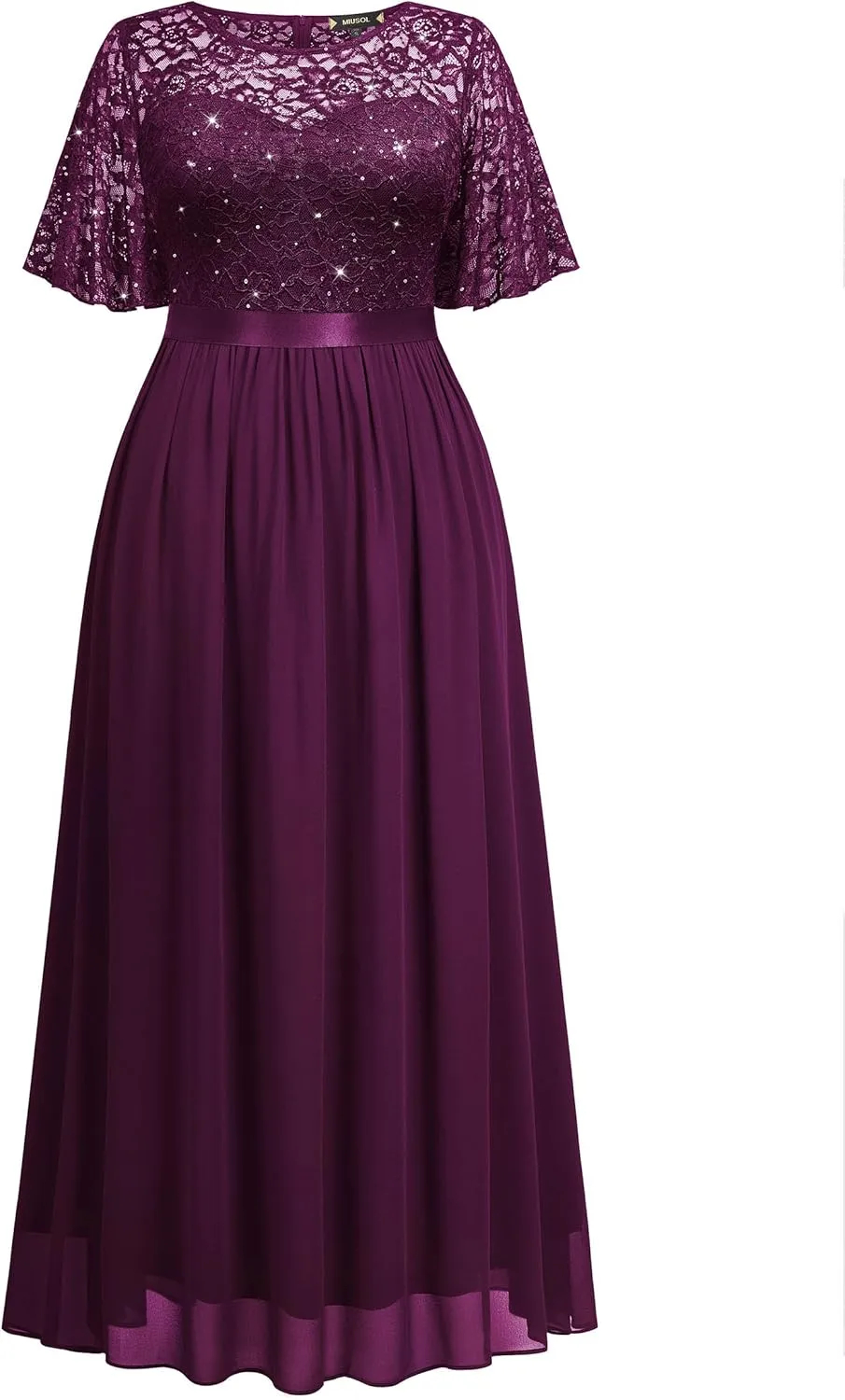 Miusol Women's Plus Size Sequin Lace Round Neck Butterfly Sleeves Formal Evening Maxi Dress