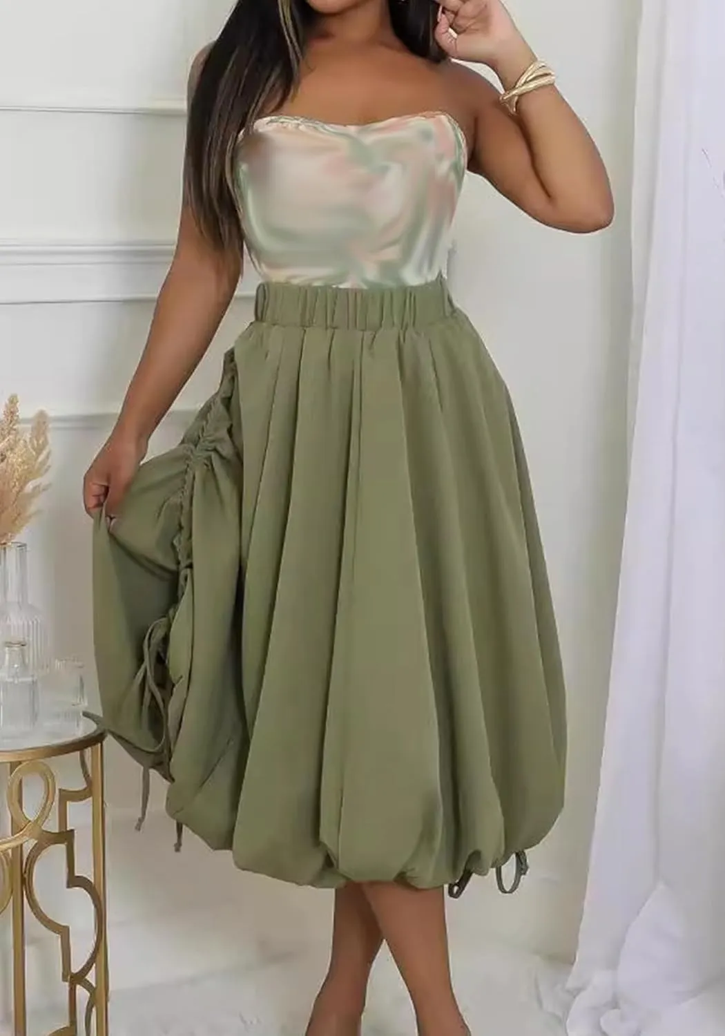 Molisry Women's Ruffle Bubble Skirt Casual High Waisted Side Slit Flowy Cute Midi Skirt Y2K Daily