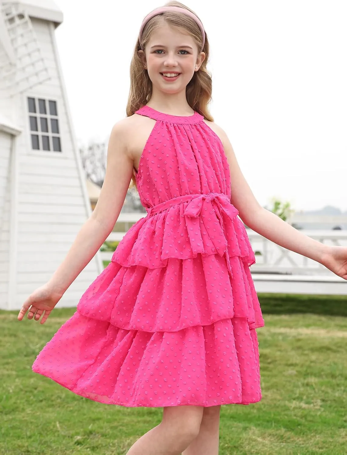 Move Dance Girls Halter Neck Dress Summer Flared A-Line Swiss Dot Chiffon Sundress 6-13 Years Old