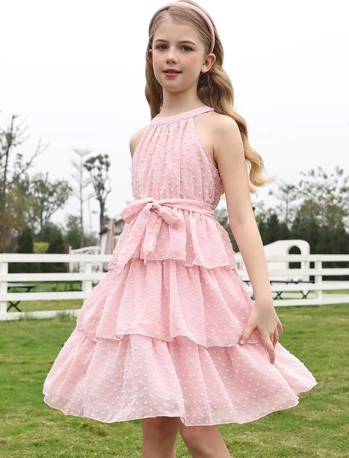 Move Dance Girls Halter Neck Dress Summer Flared A-Line Swiss Dot Chiffon Sundress 6-13 Years Old