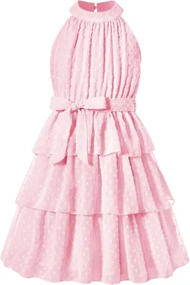 Move Dance Girls Halter Neck Dress Summer Flared A-Line Swiss Dot Chiffon Sundress 6-13 Years Old