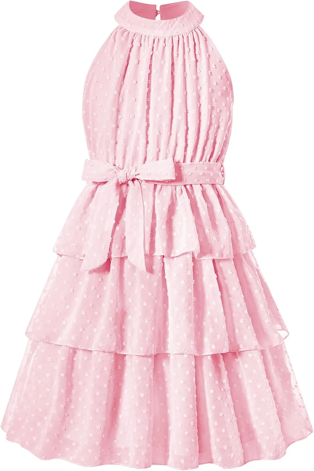 Move Dance Girls Halter Neck Dress Summer Flared A-Line Swiss Dot Chiffon Sundress 6-13 Years Old