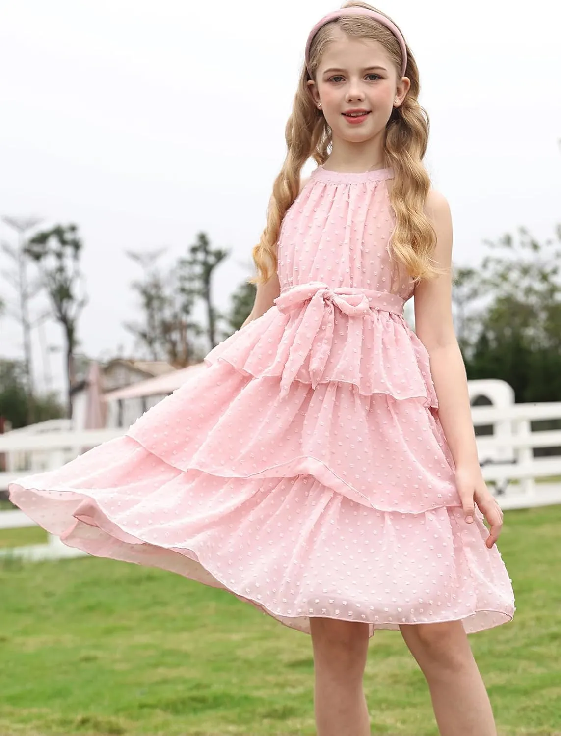Move Dance Girls Halter Neck Dress Summer Flared A-Line Swiss Dot Chiffon Sundress 6-13 Years Old