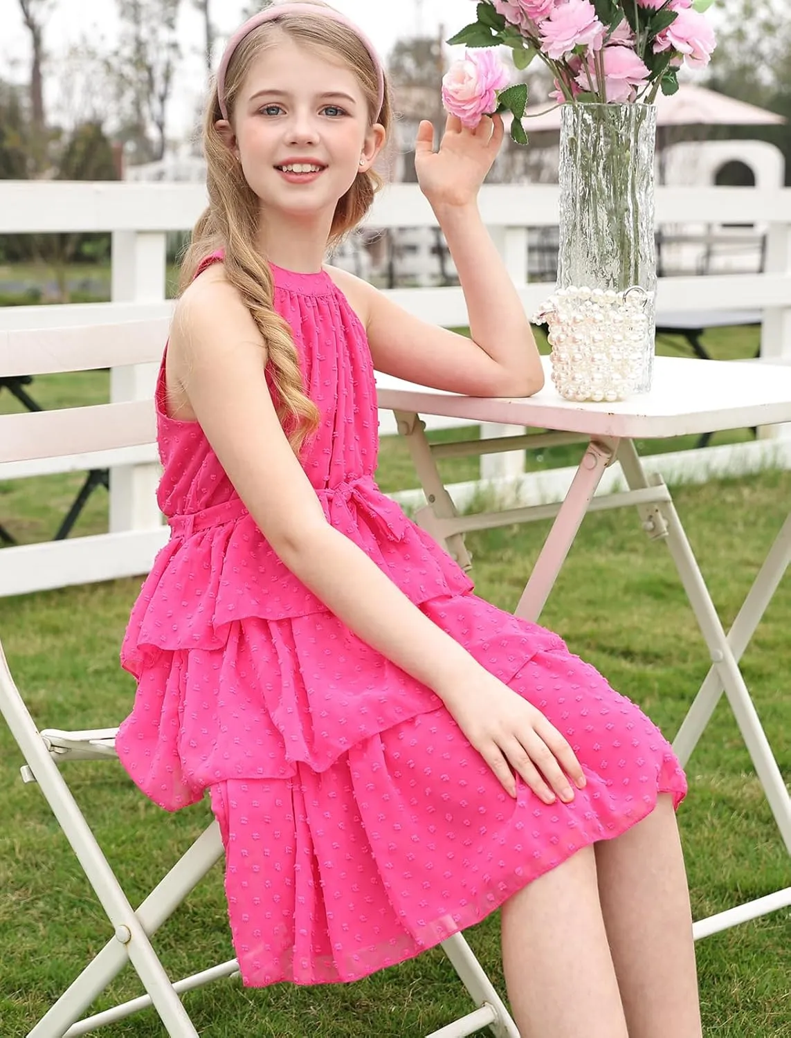 Move Dance Girls Halter Neck Dress Summer Flared A-Line Swiss Dot Chiffon Sundress 6-13 Years Old