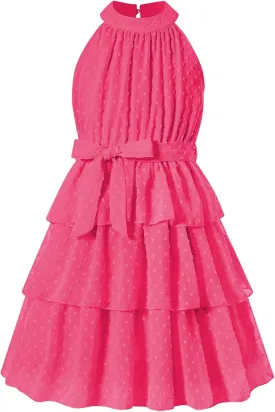 Move Dance Girls Halter Neck Dress Summer Flared A-Line Swiss Dot Chiffon Sundress 6-13 Years Old