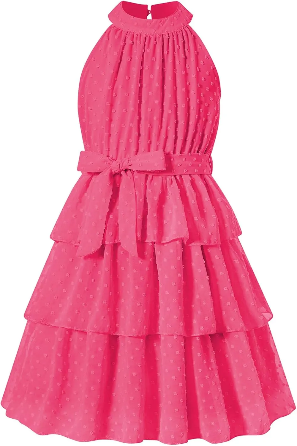 Move Dance Girls Halter Neck Dress Summer Flared A-Line Swiss Dot Chiffon Sundress 6-13 Years Old