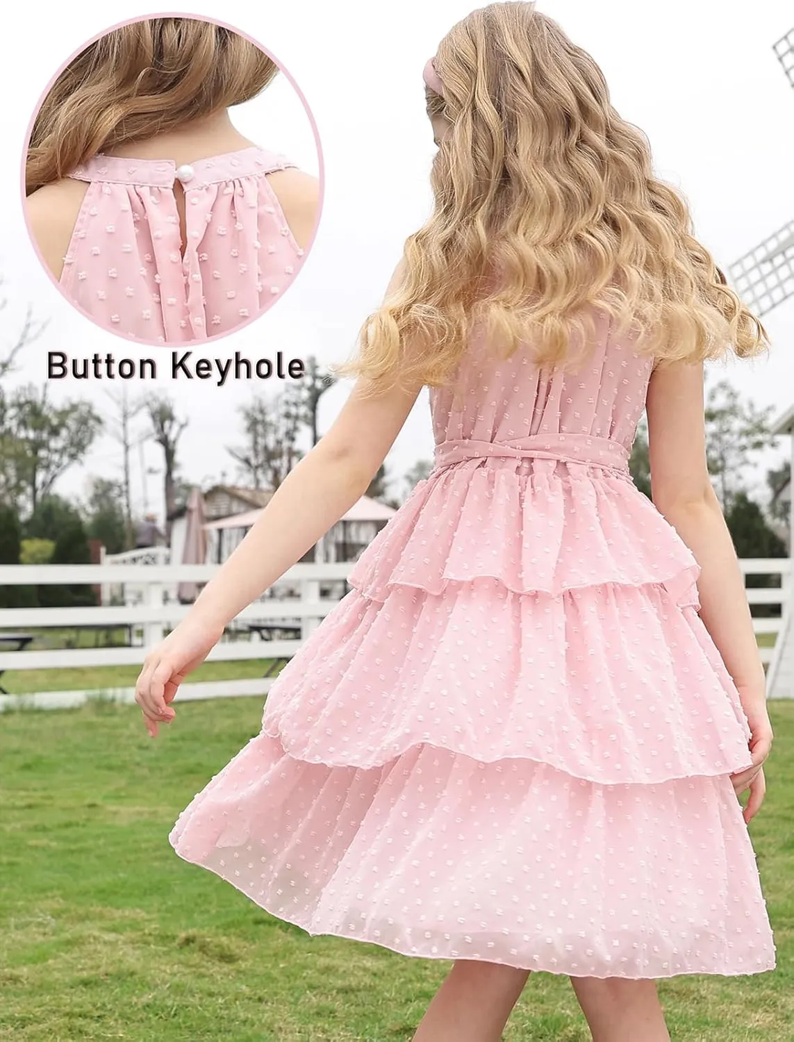 Move Dance Girls Halter Neck Dress Summer Flared A-Line Swiss Dot Chiffon Sundress 6-13 Years Old