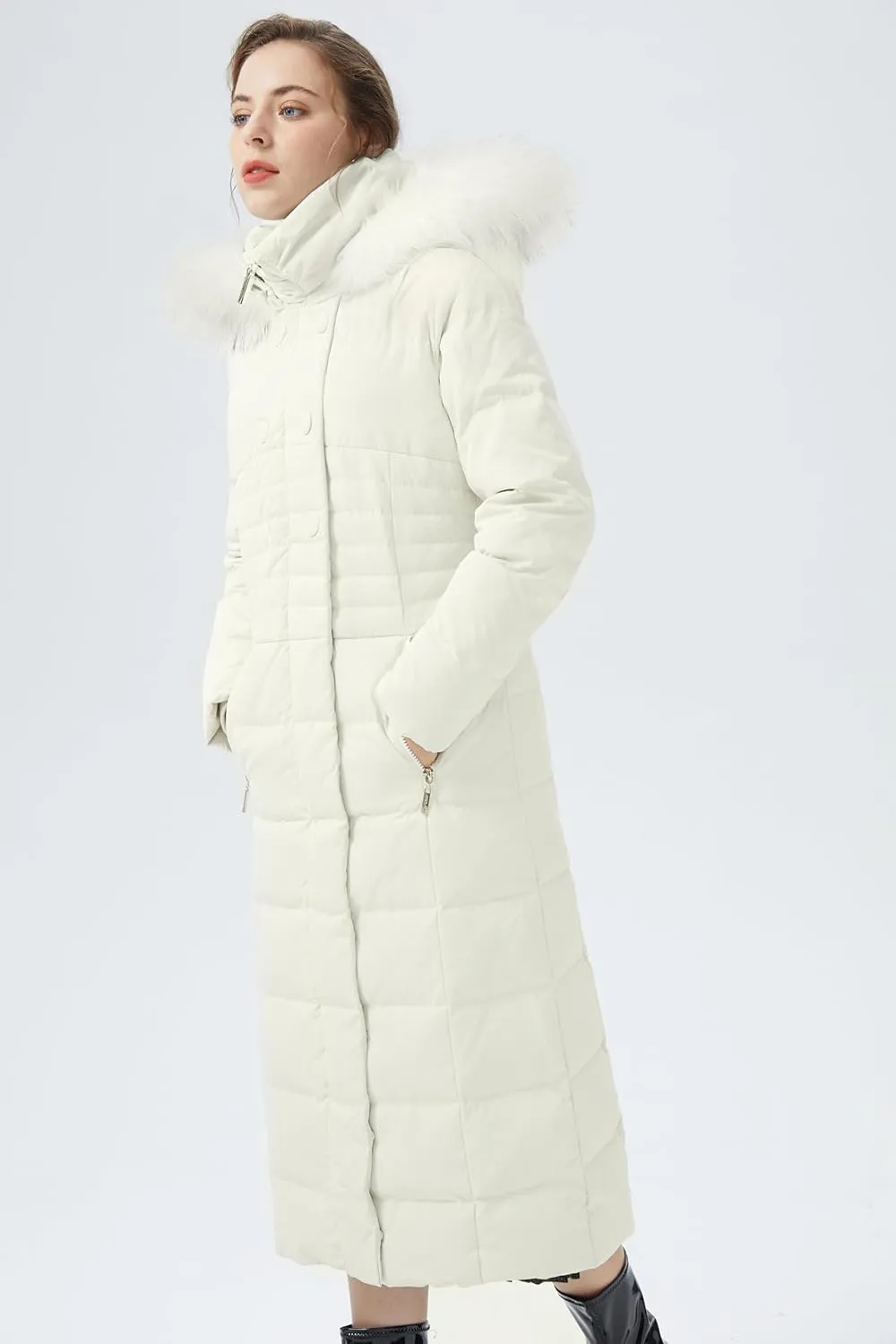Orolay Women Warm Down Jacket with Hood Fur Long Puffer Coat