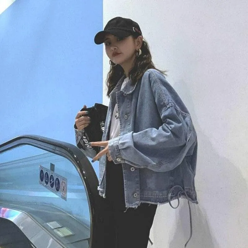 Oversized Denim Jacket With Ripped Hem And Pockets
