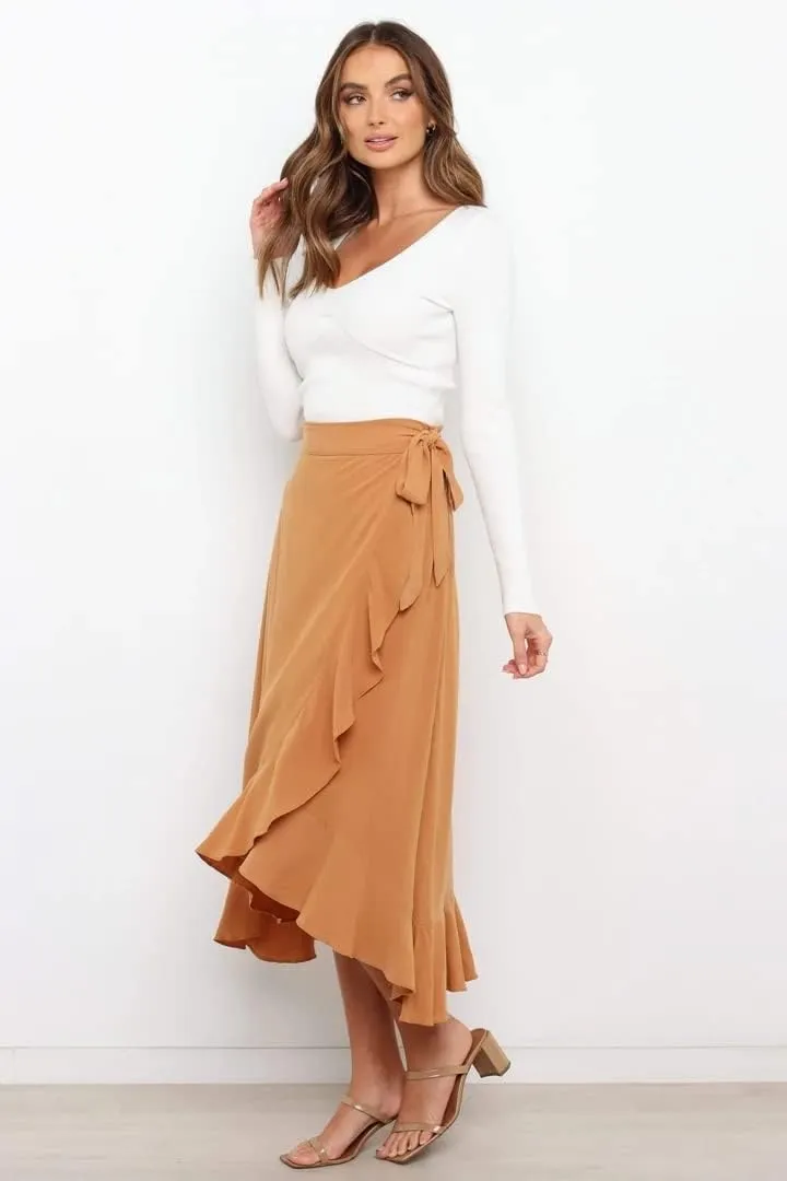 Plustrong Womens Wrap Skirt Tie Waist Ruffle Hem Asymmetrical Flowy Midi Skirts