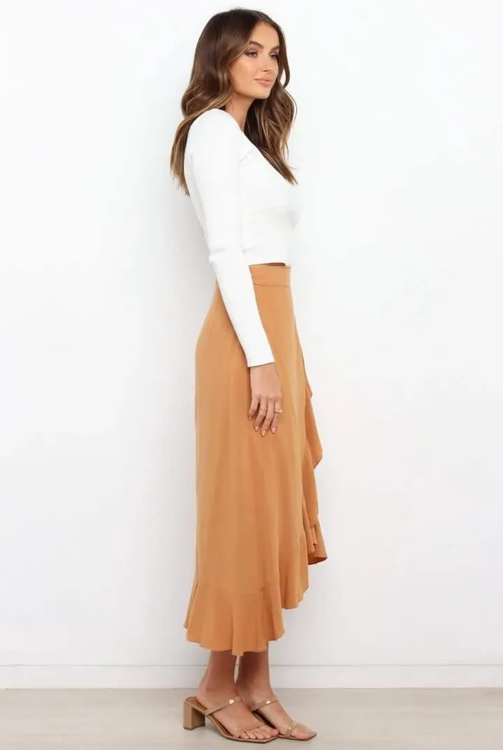 Plustrong Womens Wrap Skirt Tie Waist Ruffle Hem Asymmetrical Flowy Midi Skirts