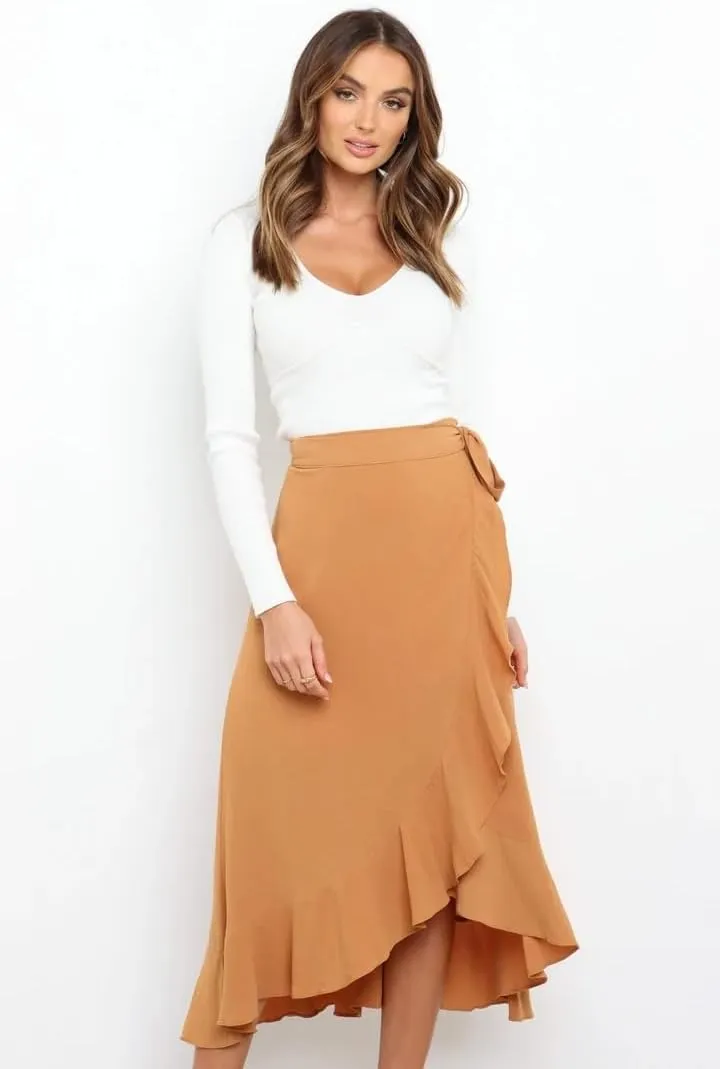 Plustrong Womens Wrap Skirt Tie Waist Ruffle Hem Asymmetrical Flowy Midi Skirts