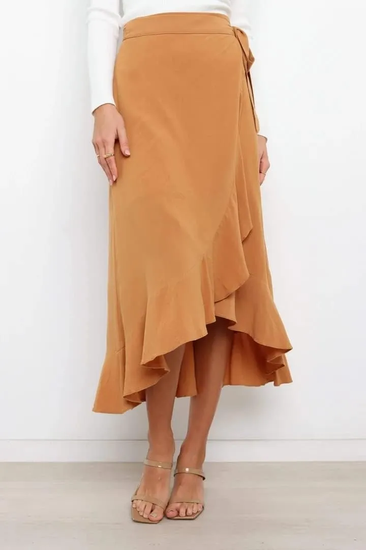 Plustrong Womens Wrap Skirt Tie Waist Ruffle Hem Asymmetrical Flowy Midi Skirts
