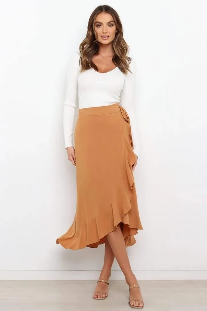 Plustrong Womens Wrap Skirt Tie Waist Ruffle Hem Asymmetrical Flowy Midi Skirts