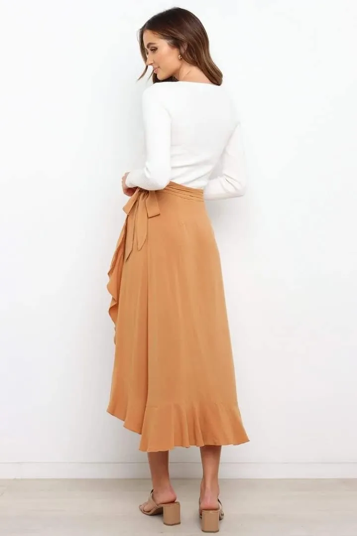 Plustrong Womens Wrap Skirt Tie Waist Ruffle Hem Asymmetrical Flowy Midi Skirts