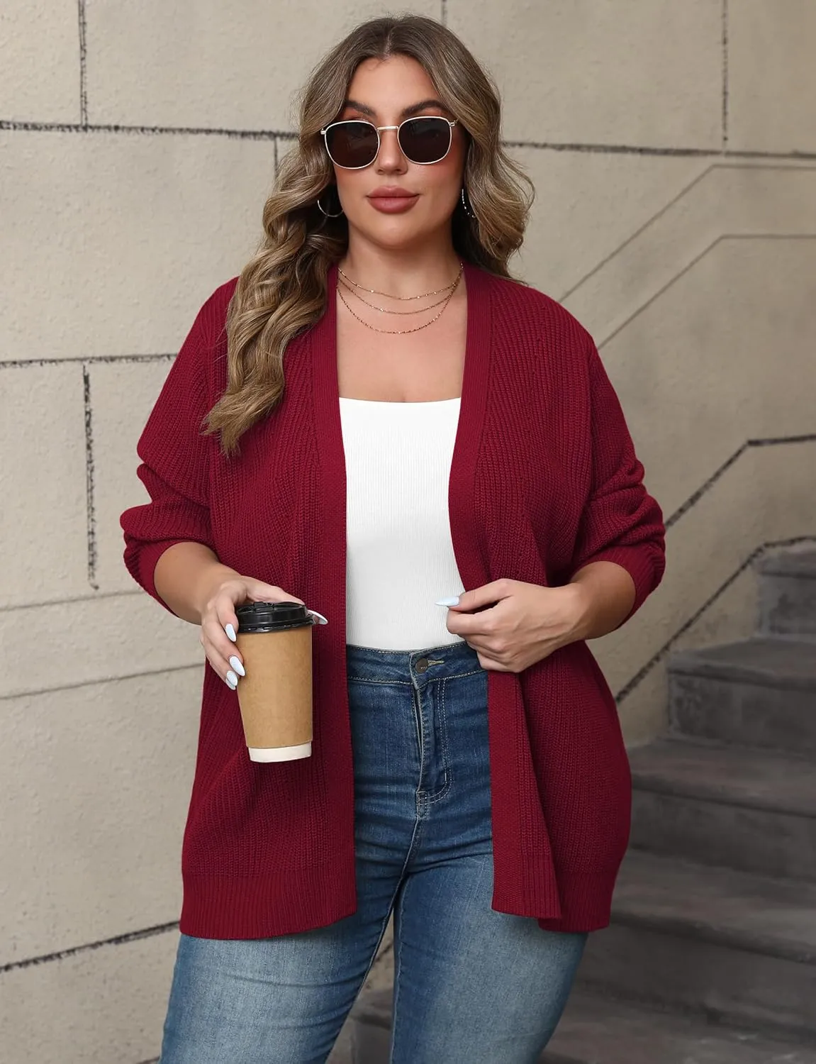 POSESHE Women's Plus Size Open Front Knit Cardigan Casual Coatigan Sweater Lady Jacket Coat 2024 Winter Outerwear