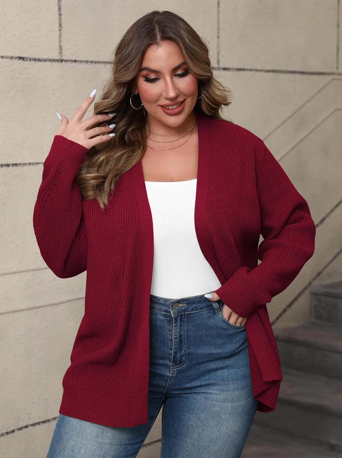 POSESHE Women's Plus Size Open Front Knit Cardigan Casual Coatigan Sweater Lady Jacket Coat 2024 Winter Outerwear