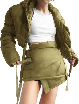 Sexyshine Women's Stylish Quilted Jacket 2 Piece Outfit Zip Up Hooded Short Down Crop Coat Lace Up Bandage Puffer Skort Set