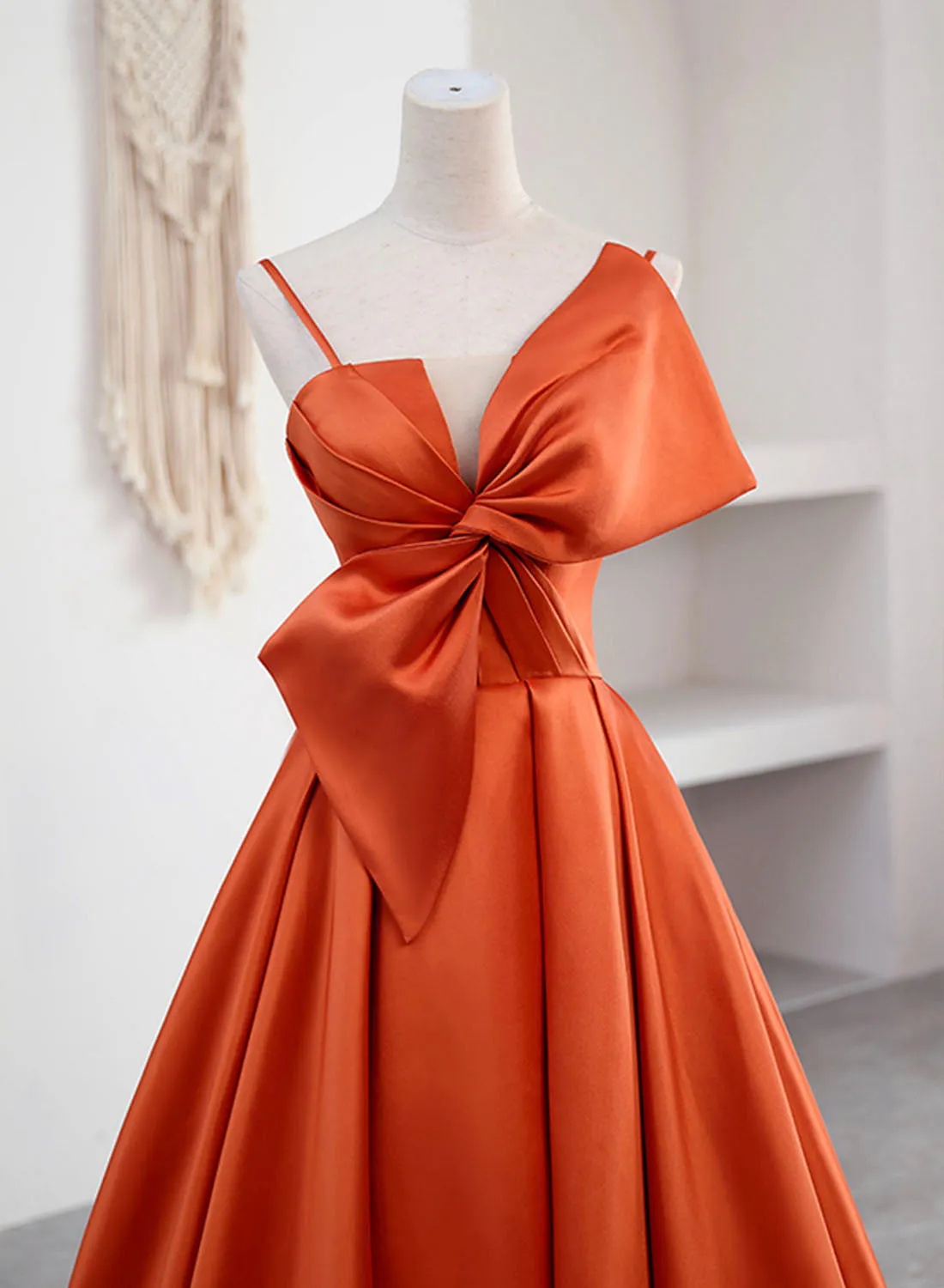 Spaghetti Straps Orange Satin Prom Formal Dress A-Line Floor Length Evening Dress