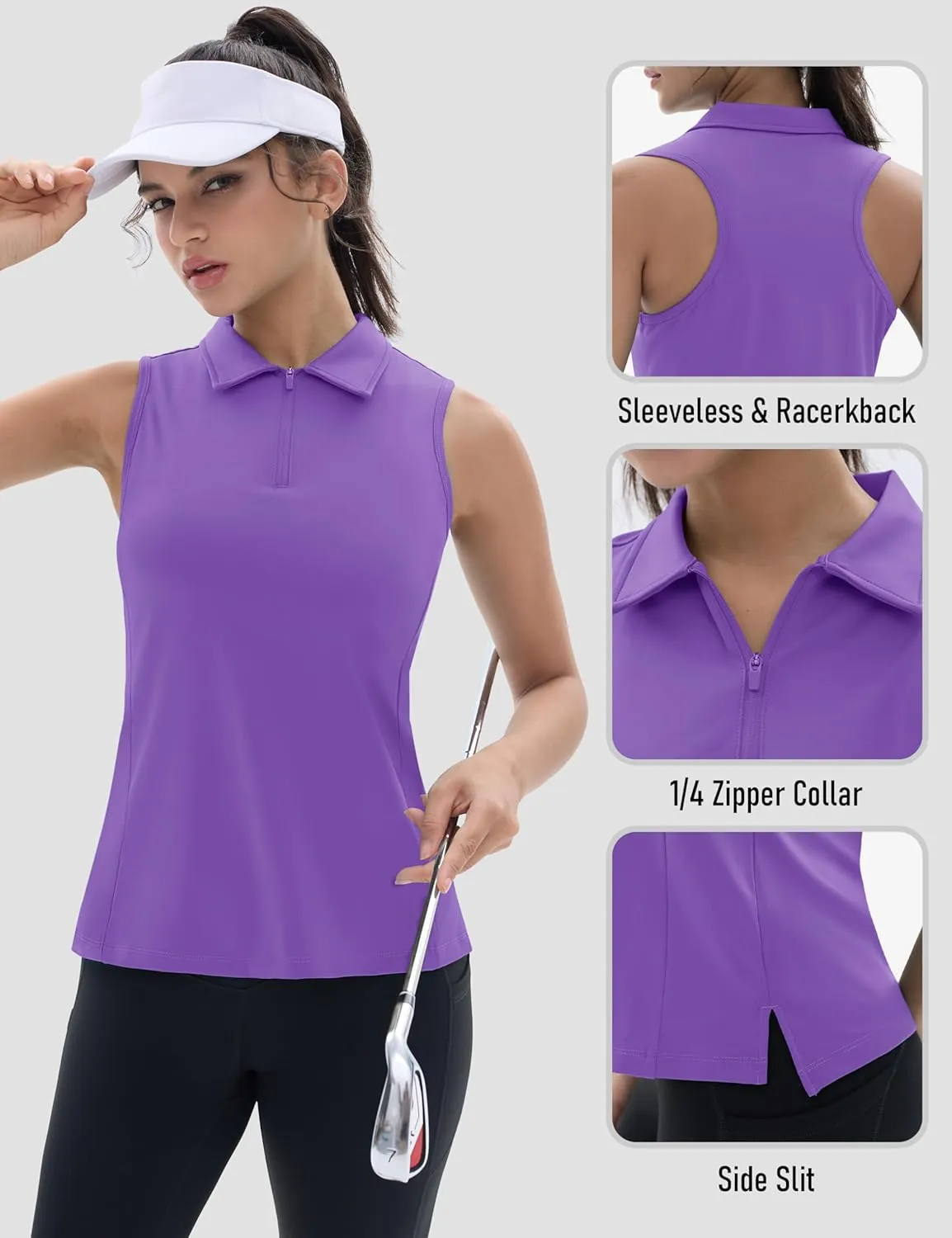 TACVASEN Womens Golf Shirts Sleeveless Racerback Polo Shirt UPF 50  Zip Up Moisture Wicking Workout Tennis Athletic Tank Tops