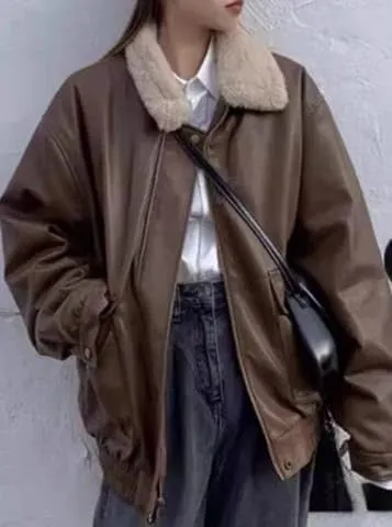 Women 90s Oversize Bomber Fur Lined Fur Collor Genuine Leather Retro Jacket