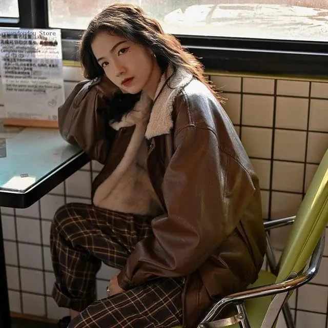 Women 90s Oversize Bomber Fur Lined Fur Collor Genuine Leather Retro Jacket