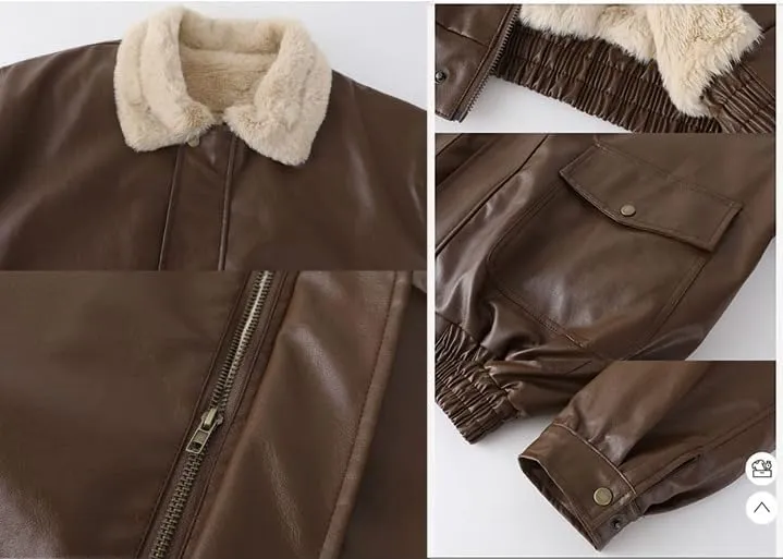 Women 90s Oversize Bomber Fur Lined Fur Collor Genuine Leather Retro Jacket