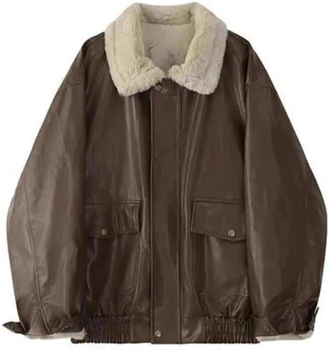 Women 90s Oversize Bomber Fur Lined Fur Collor Genuine Leather Retro Jacket