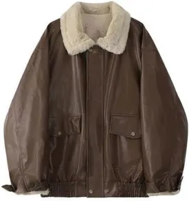 Women 90s Oversize Bomber Fur Lined Fur Collor Genuine Leather Retro Jacket