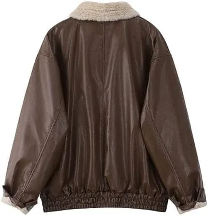 Women 90s Oversize Bomber Fur Lined Fur Collor Genuine Leather Retro Jacket