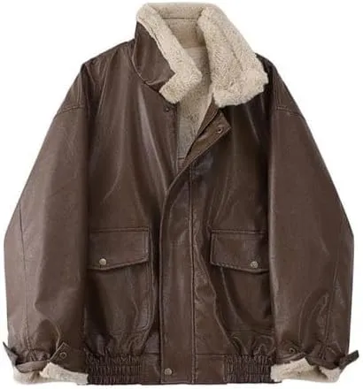 Women 90s Oversize Bomber Fur Lined Fur Collor Genuine Leather Retro Jacket